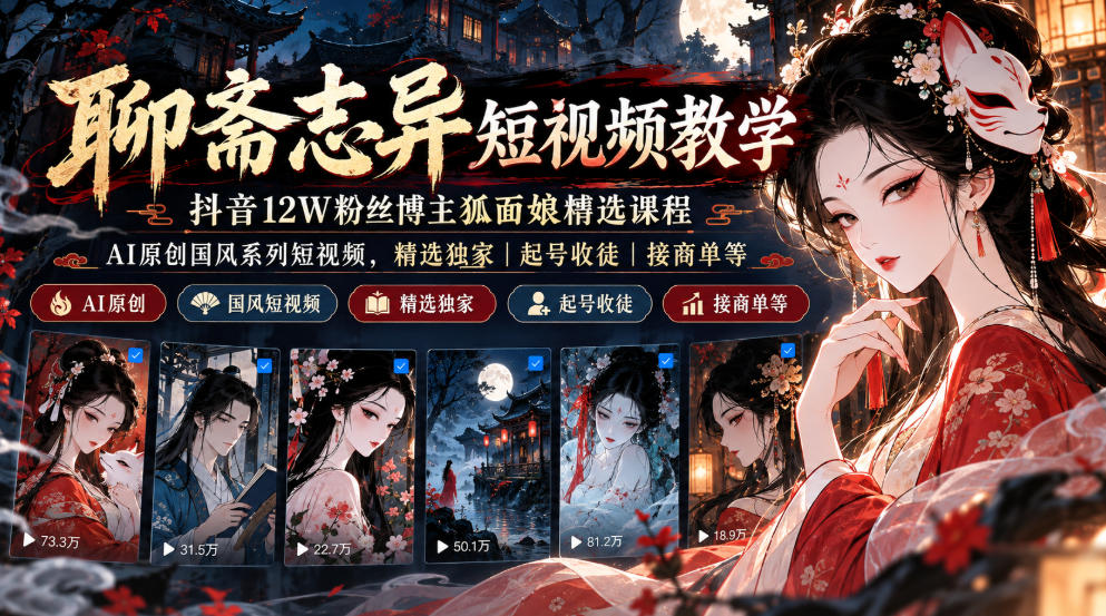 聊斋志异短视频教学,抖音12W粉丝博主狐面娘精选课程,AI原创国风系列短视频,精选独家丨起号收徒丨接商单等-智享云联