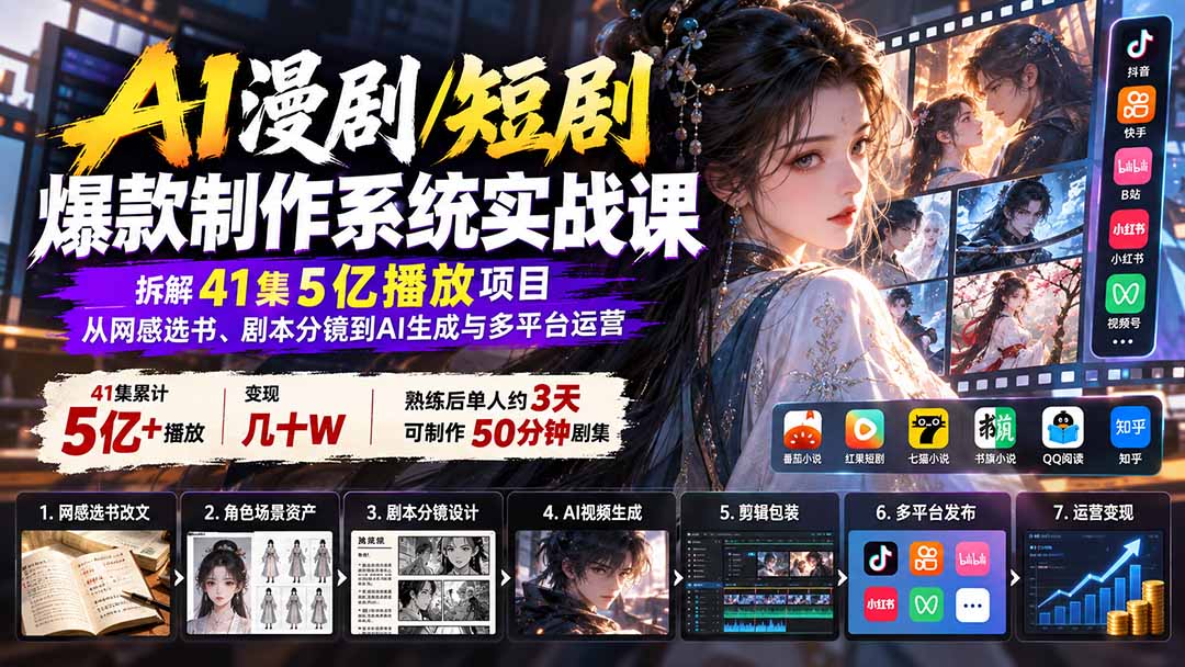 AI漫剧/短剧爆款制作系统实战课:拆解41集5亿播放项目,从网感选书、剧本分镜到AI生成与多平台运营-智享云联