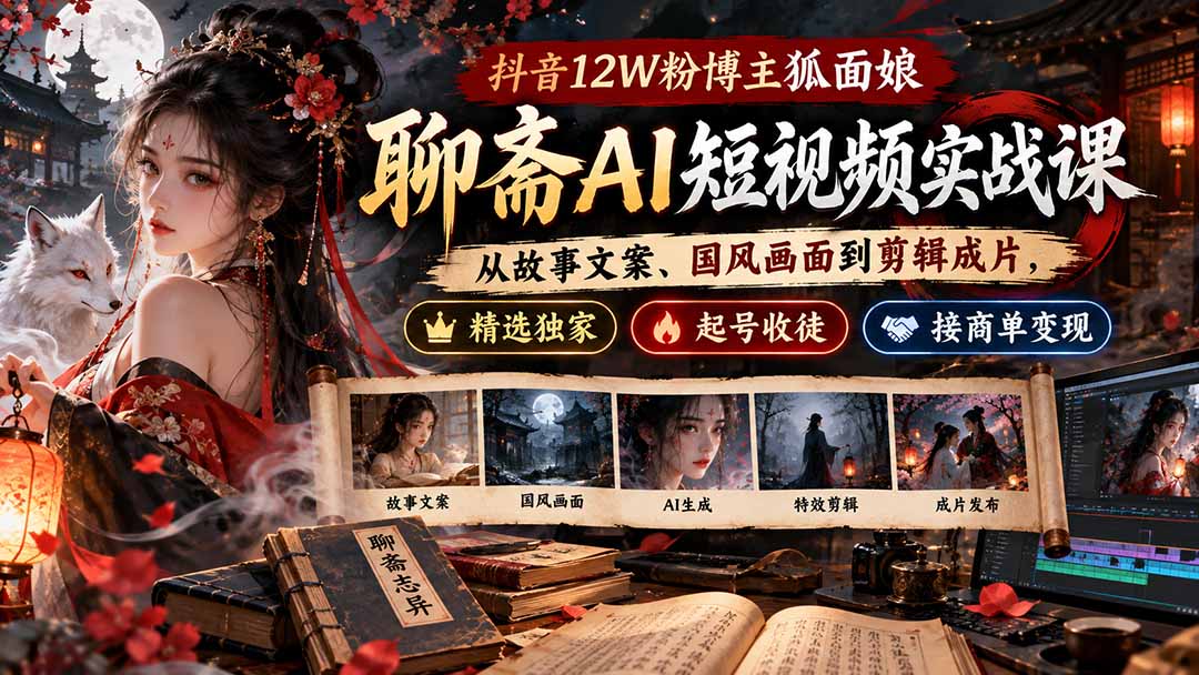 抖音12W粉博主狐面娘-聊斋AI短视频实战课:从故事文案、国风画面到剪辑成片,精选独家+起号收徒+接商单变现-智享云联
