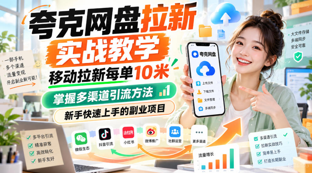 夸克网盘拉新实战教学,移动拉新每单10米,掌握多渠道引流方法,新手快速上手的副业项目-智享云联