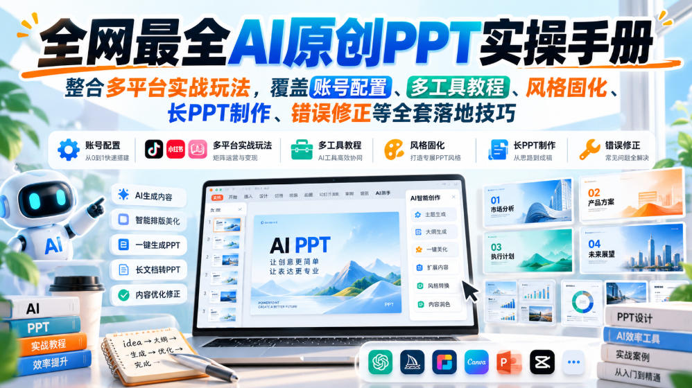 全网最全AI原创PPT实操手册,整合多平台实战玩法,覆盖账号配置、多工具教程、风格固化、长PPT制作、错误修正等全套落地技巧-智享云联