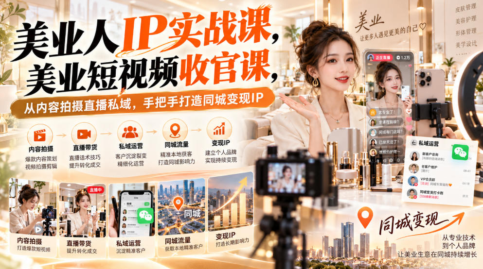 【无水印】美业人IP实战课,美业短视频收官课,从内容拍摄直播私域,手把手打造同城变现IP-智享云联