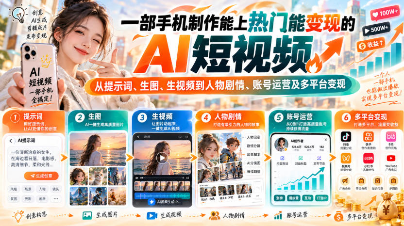 【无水印】一部手机制作能上热门能变现的AI短视频，从提示词、生图、生视频到人物剧情、账号运营及多平台变现-智享云联