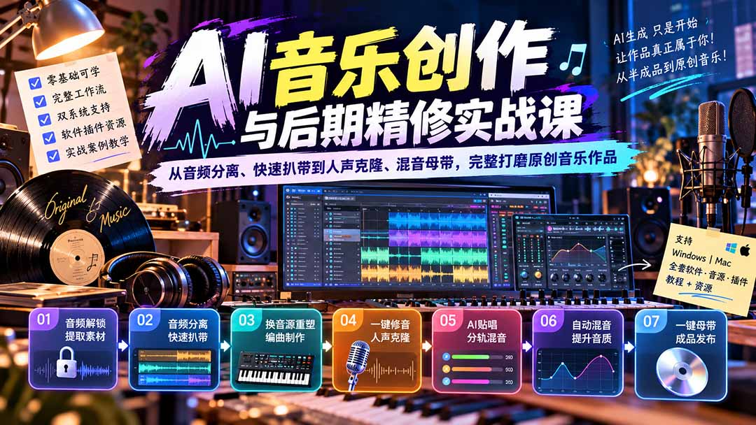 AI音乐创作与后期精修实战课:从音频分离、快速扒带到人声克隆、混音母带,完整打磨原创音乐作品-智享云联