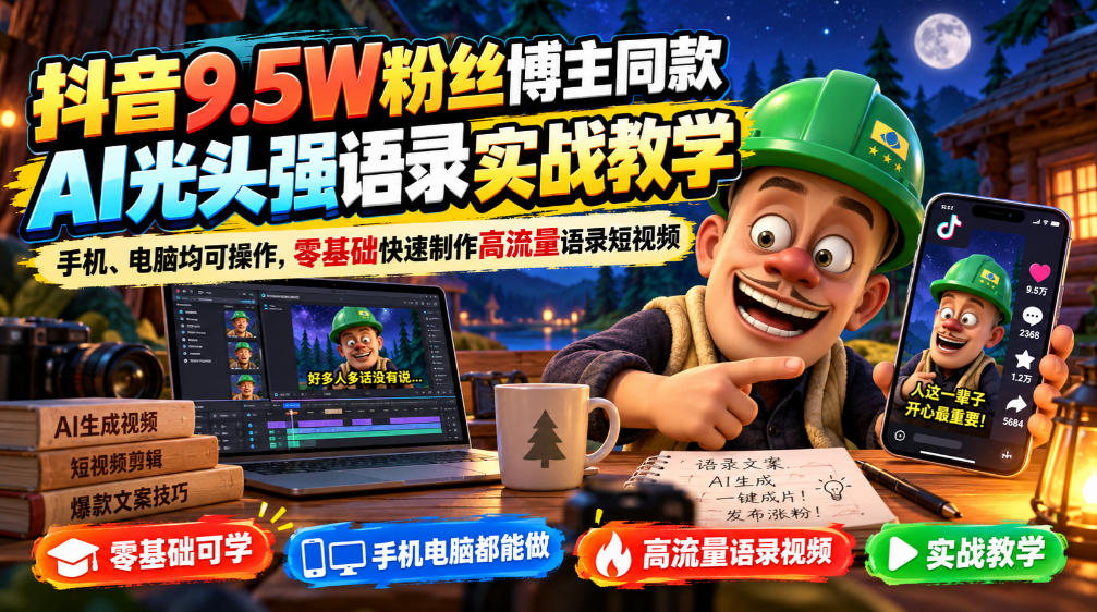 抖音9.5W粉丝博主同款AI光头强语录实战教学，手机、电脑均可操作，零基础快速制作高流量语录短视频-智享云联