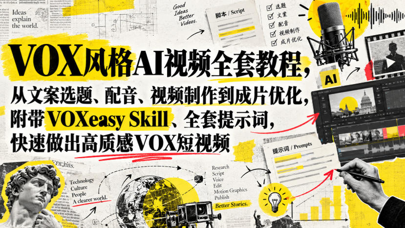 VOX风格AI视频全套教程,从文案选题、配音、视频制作到成片优化,附带VOXeasy Skill、全套提示词,快速做出高质感VOX短视频-智享云联