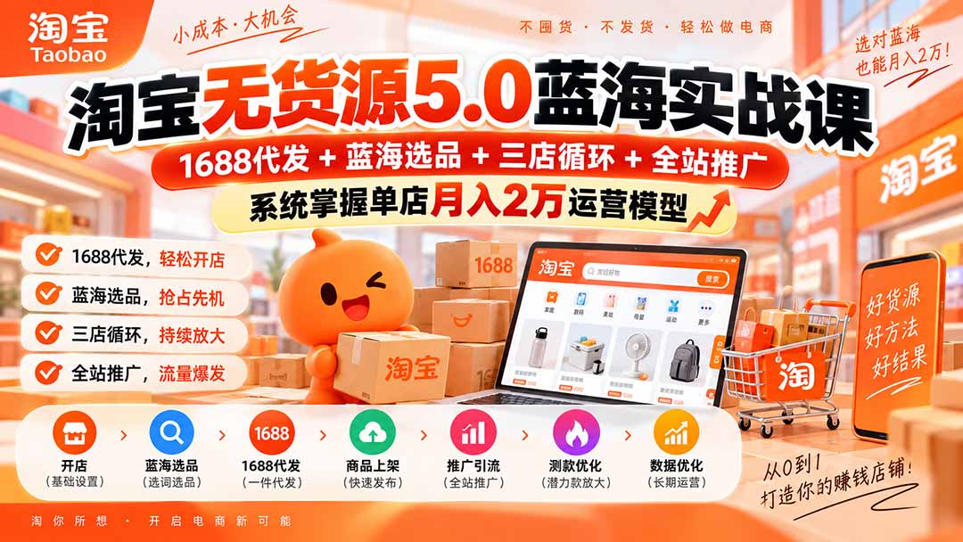淘宝无货源5.0蓝海实战课-更新0927：1688代发+蓝海选品+三店循环+全站推广，系统掌握单店月入2万运营模型-智享云联