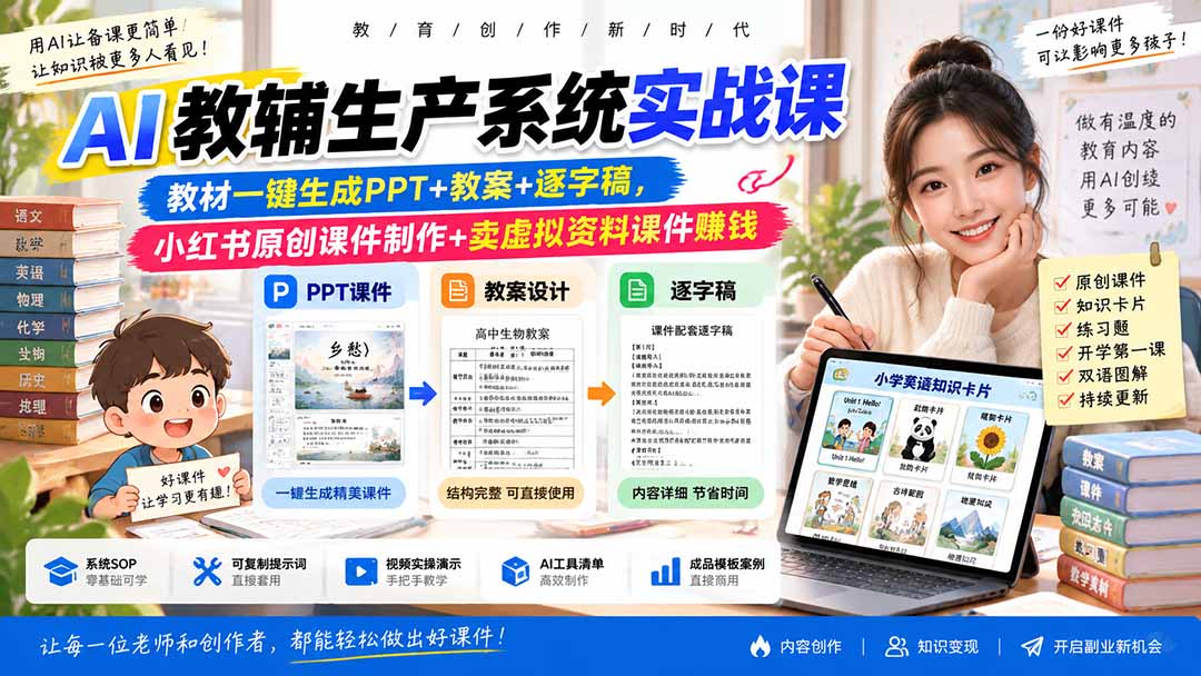 AI教辅生产系统实战课-更新0926｜教材一键生成PPT+教案+逐字稿，小红书原创课件制作+卖虚拟资料课件赚钱-智享云联