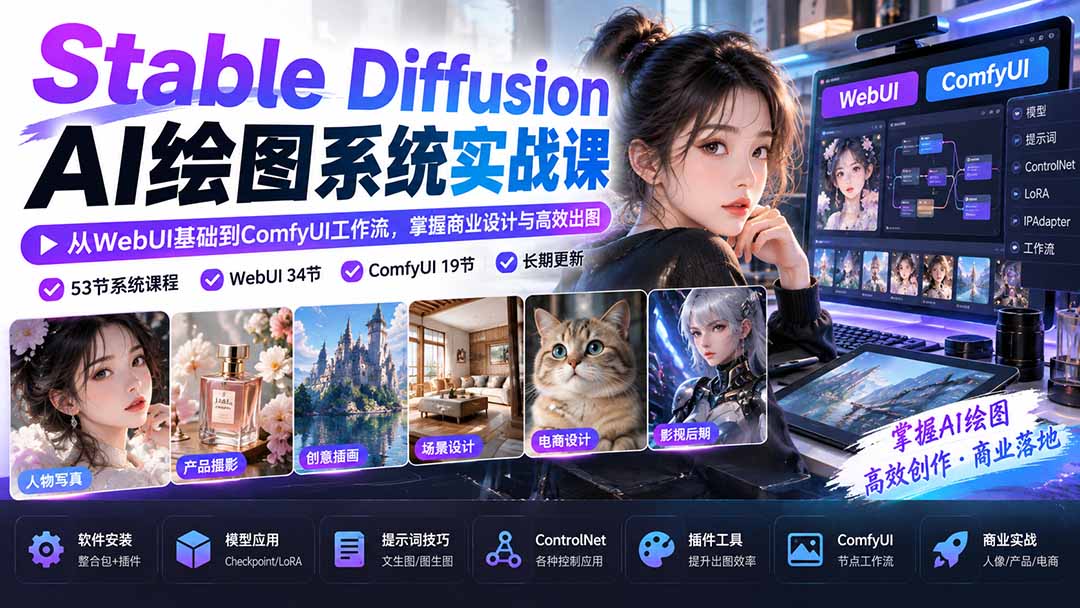 【无水印】Stable Diffusion AI绘图系统实战课：从WebUI基础到ComfyUI工作流，掌握商业设计与高效出图-智享云联