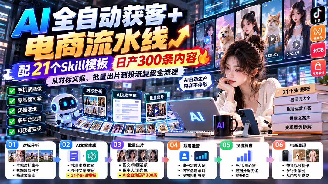 【无水印】AI全自动获客+电商流水线：配21个Skill模板，日产300条内容，从对标文案、批量出片到投流复盘全流程-智享云联
