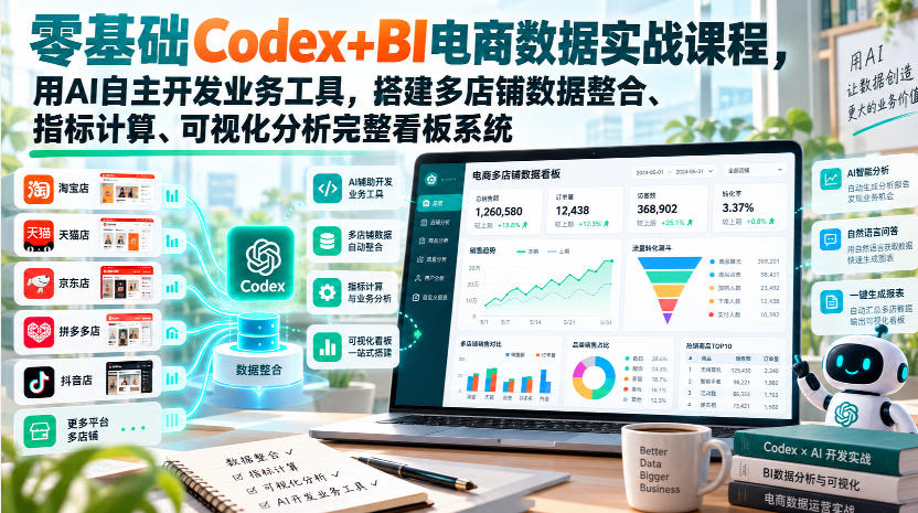 零基础Codex+BI电商数据实战课程，用AI自主开发业务工具，搭建多店铺数据整合、指标计算、可视化分析完整看板系统-智享云联