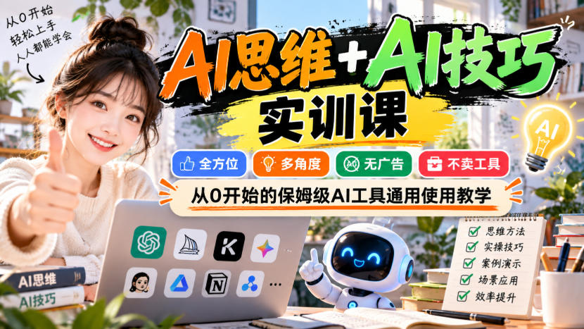 【无水印】AI思维+AI技巧实训课,全方位、多角度、无广告、不卖工具,从0开始的保姆级AI工具通用使用教学-智享云联