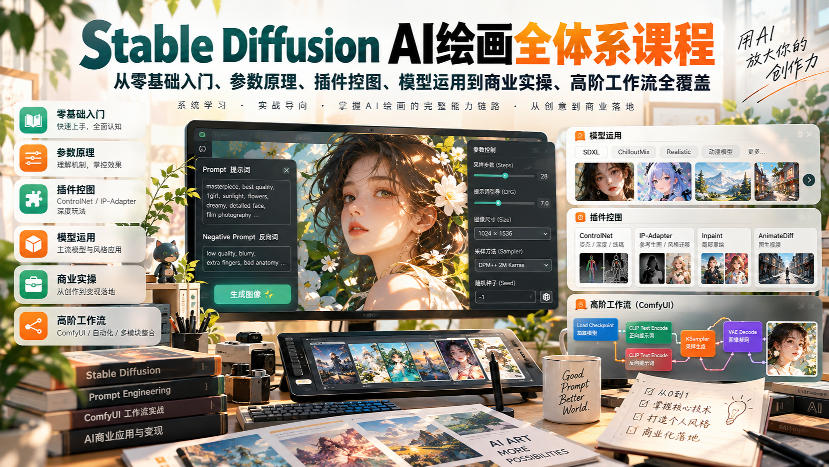 【无水印】Stable Diffusion AI绘画全体系课程，从零基础入门、参数原理、插件控图、模型运用到商业实操、高阶工作流全覆盖-智享云联