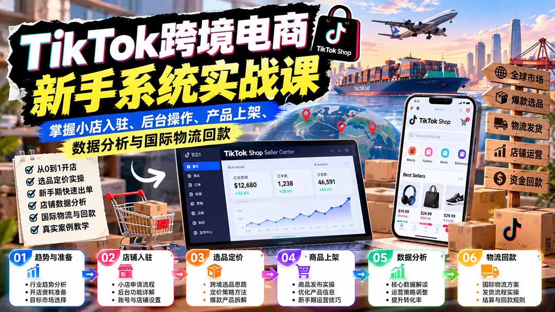 TikTok跨境电商新手系统实战课：掌握小店入驻、后台操作、产品上架、数据分析与国际物流回款-智享云联