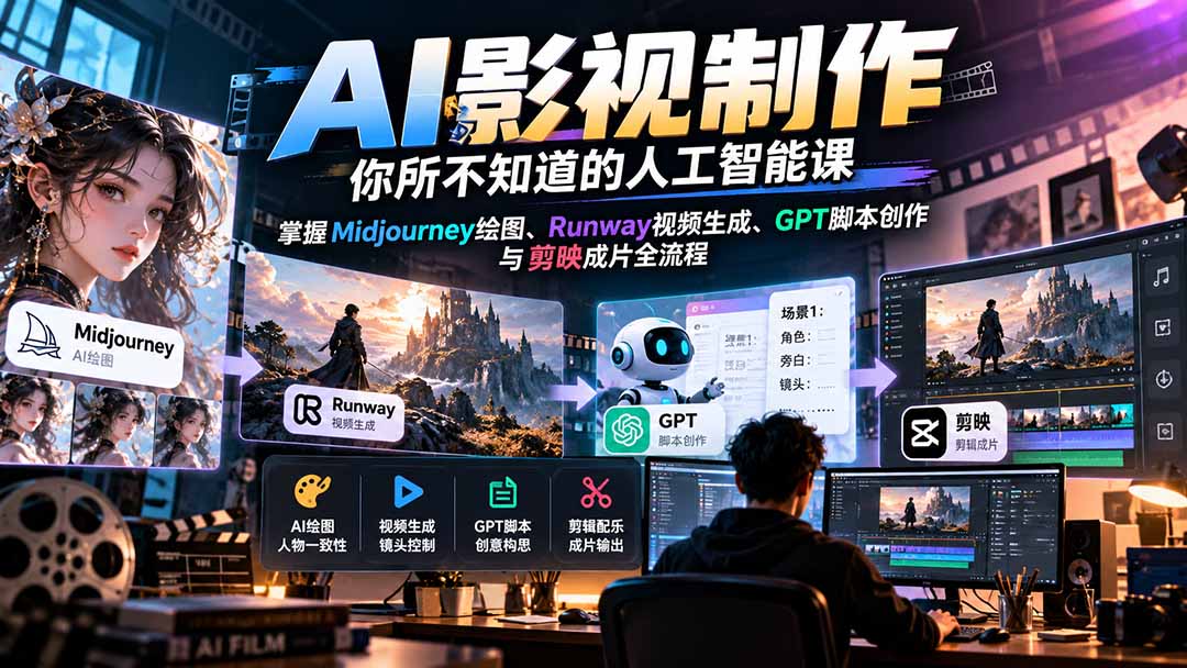 【无水印】AI影视制作-你所不知道的人工智能课,掌握Midjourney绘图、Runway视频生成、GPT脚本创作与剪映成片全流程-智享云联