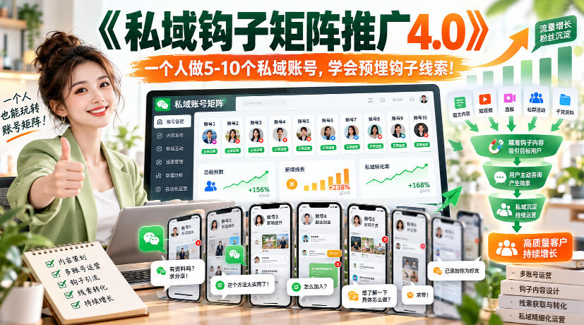 【无水印】《私域钩子矩阵推广4.0》一个人做5-10个私域账号，学会预埋钩子线索！-智享云联
