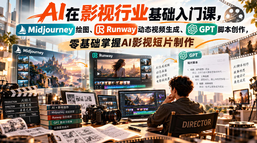 【无水印】AI在影视行业基础入门课，Midjourney绘图、Runway动态视频生成、GPT脚本创作，零基础掌握AI影视短片制作-智享云联