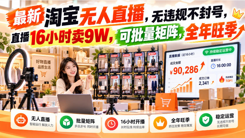 最新淘宝无人直播,无违规不封号,直播16小时卖9W,可批量矩阵,全年旺季【揭秘】-智享云联
