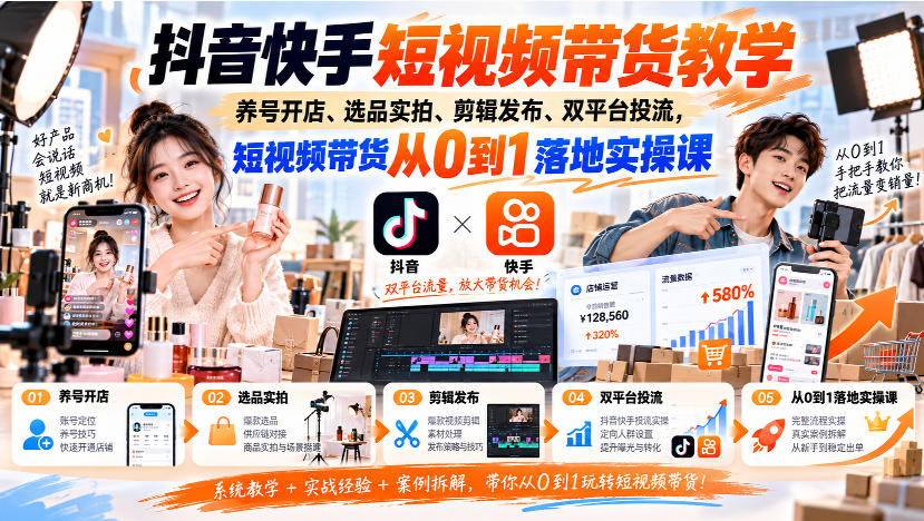 抖音快手短视频带货教学｜养号开店、选品实拍、剪辑发布、双平台投流，短视频带货从0到1落地实操课-智享云联