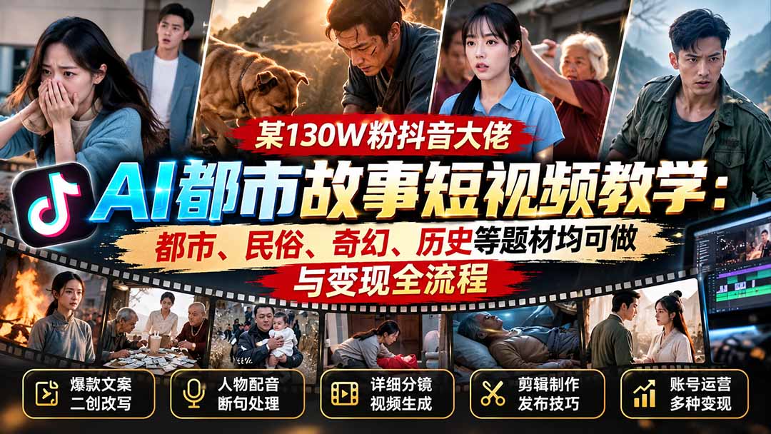 某130W粉抖音大佬AI都市故事短视频教学：都市、民俗、奇幻、历史等题材均可做与变现全流程-智享云联