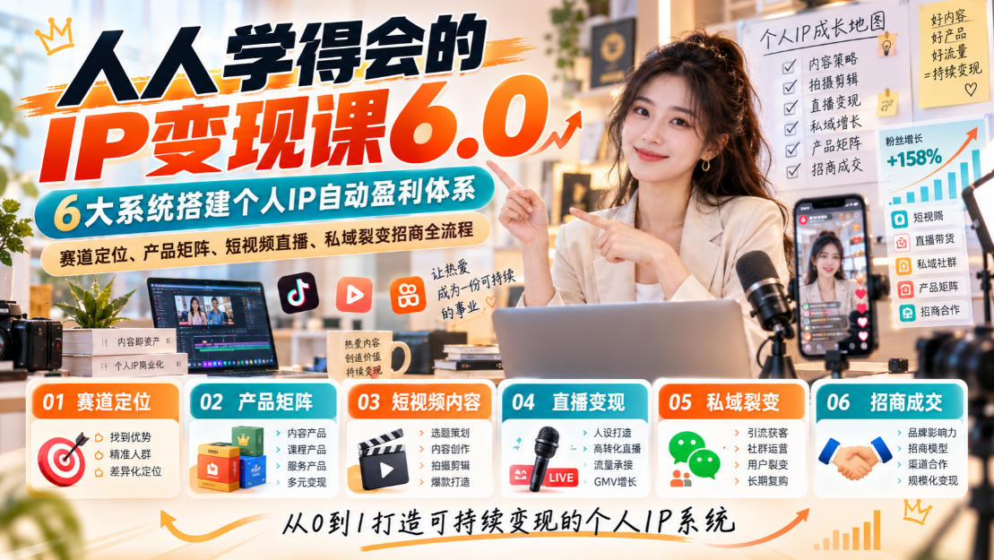 人人学得会的IP变现课6.0，6大系统搭建个人IP自动盈利体系，赛道定位、产品矩阵、短视频直播、私域裂变招商全流程-智享云联
