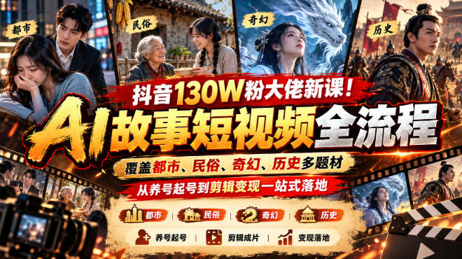 抖音130W粉大佬新课！AI故事短视频全流程，覆盖都市、民俗、奇幻、历史多题材，从养号起号到剪辑变现一站式落地-智享云联