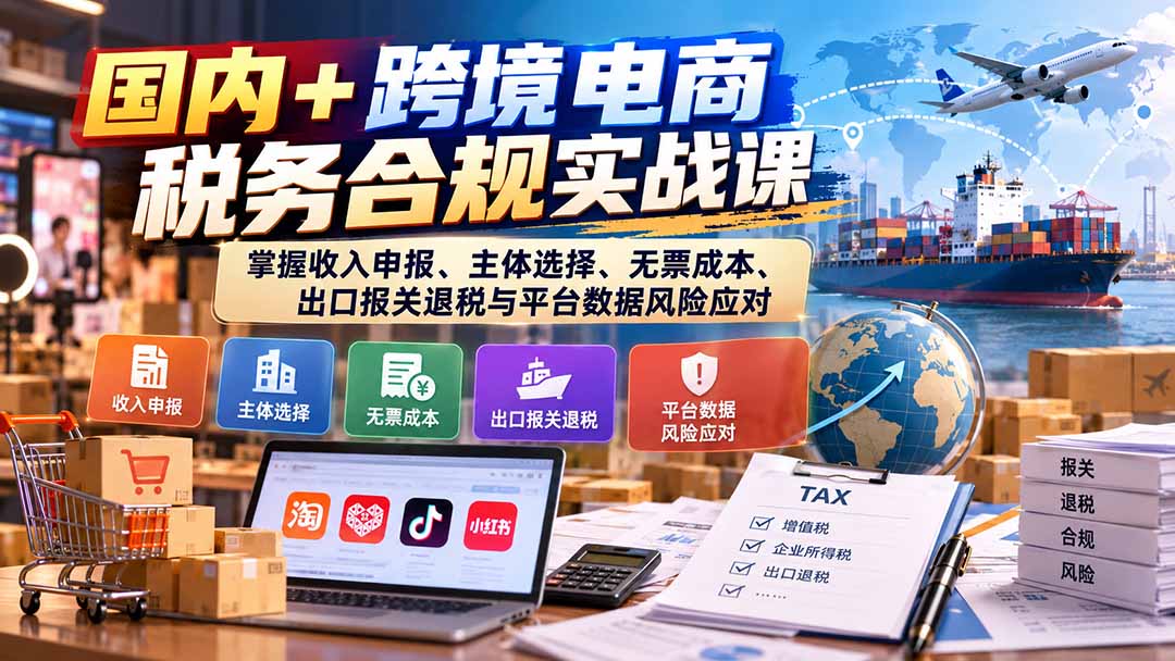 国内+跨境电商税务合规实战课:掌握收入申报、主体选择、无票成本、出口报关退税与平台数据风险应对-智享云联