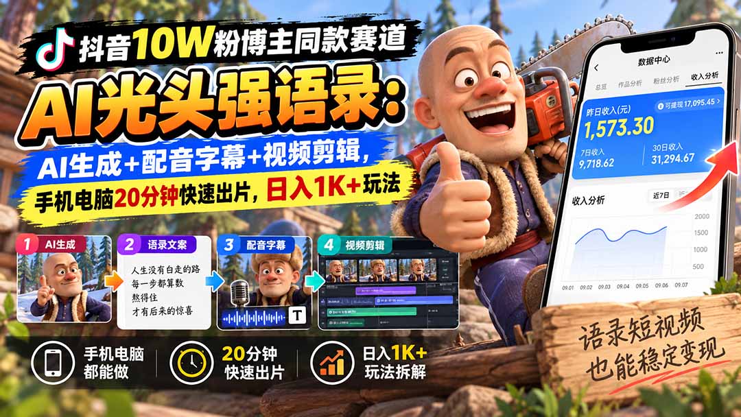【无水印】抖音10W粉博主同款赛道AI光头强语录:AI生成+配音字幕+视频剪辑,手机电脑20分钟快速出片,日入1K+玩法-智享云联