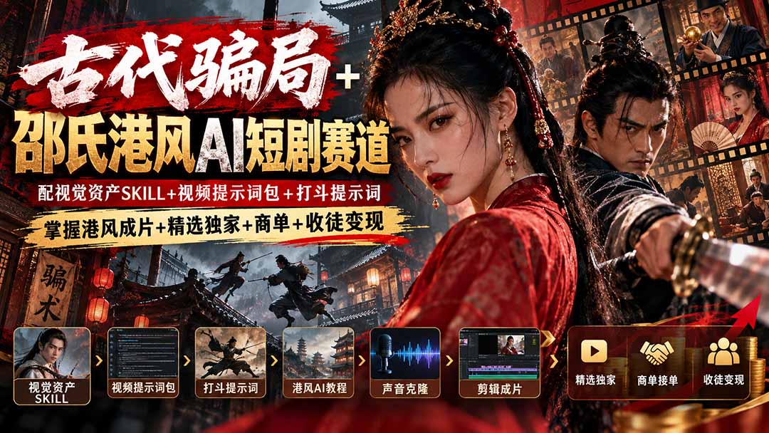 古代骗局+邵氏港风AI短剧赛道:配视觉资产SKILL+视频提示词包+打斗提示词,掌握港风成片+精选独家+商单+收徒变现-智享云联