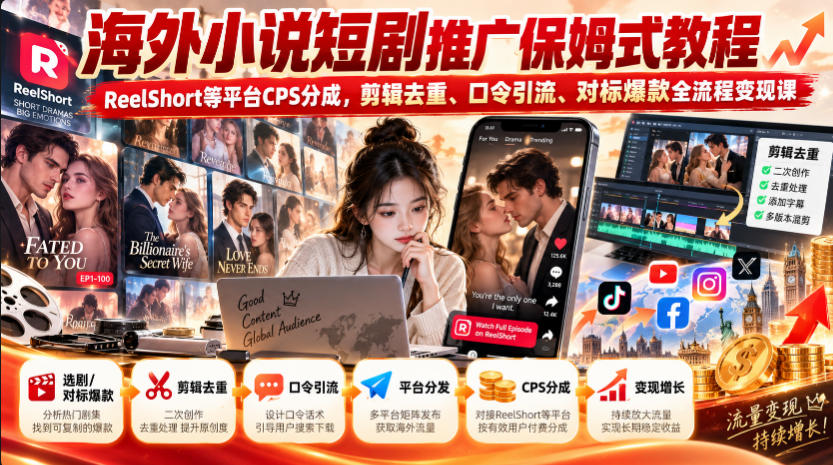 海外小说短剧推广保姆式教程|ReelShort等平台CPS分成,剪辑去重、口令引流、对标爆款全流程变现课-智享云联