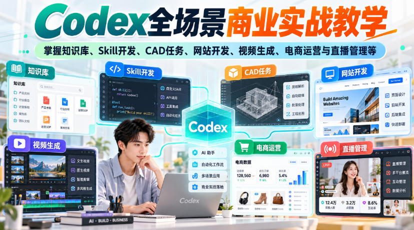 【无水印】Codex全场景商业实战教学,掌握知识库、Skill开发、CAD任务、网站开发、视频生成、电商运营与直播管理等-智享云联
