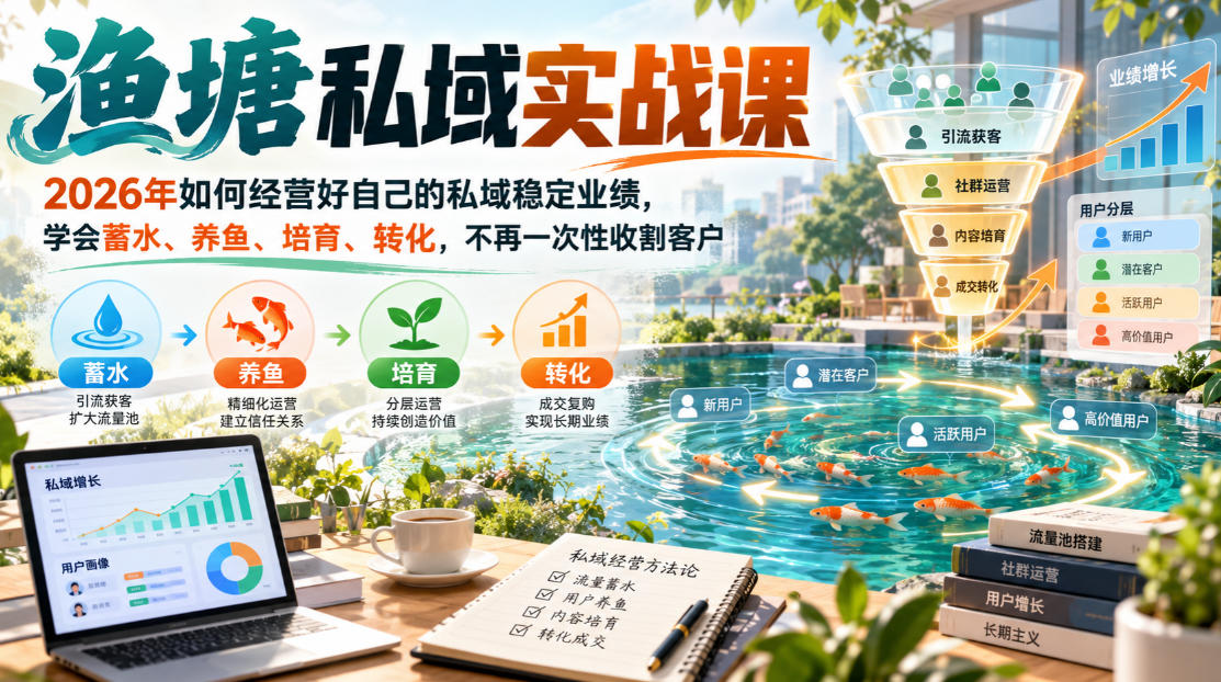 渔塘私域实战课，2026年如何经营好自己的私域稳定业绩，学会蓄水、养鱼、培育、转化，不再一次性收割客户-智享云联