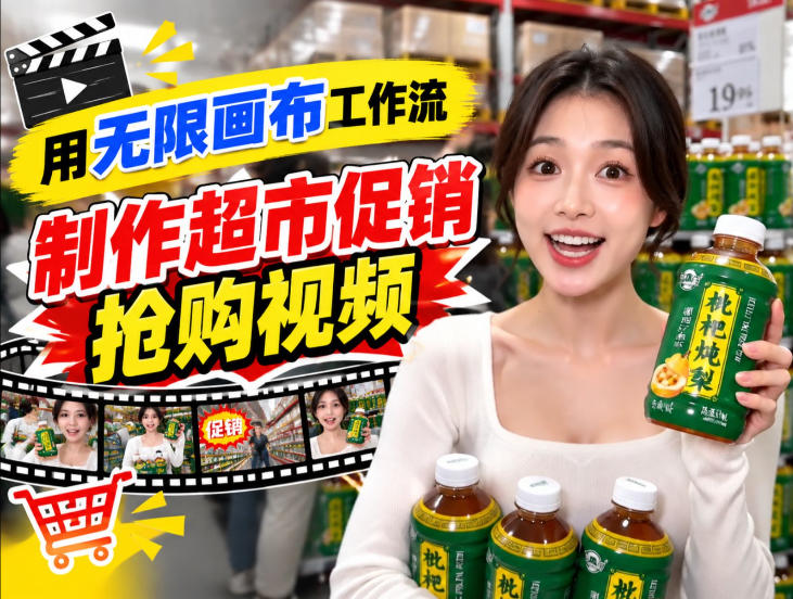 无限画布超市促销抢购视频工作流，一键产出TikTok抖音带货短视频-智享云联