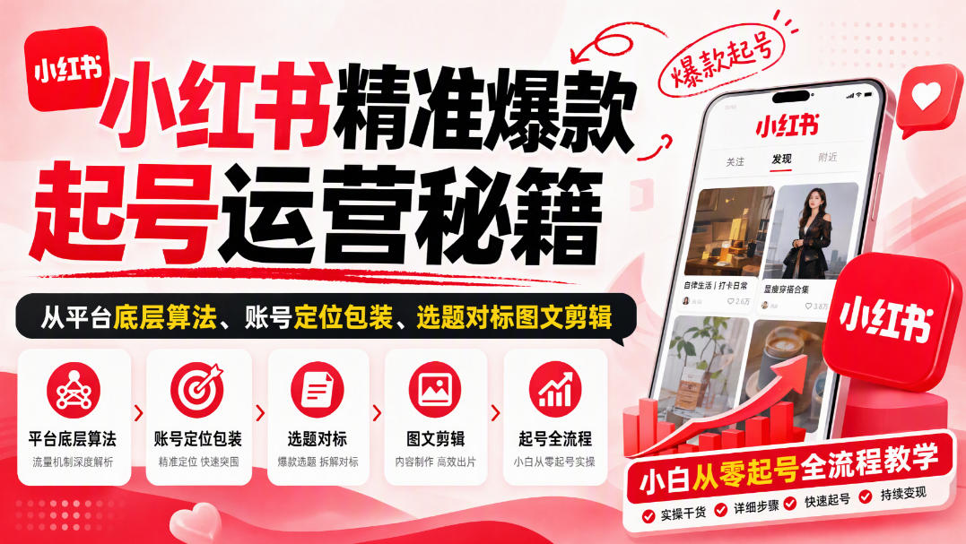 小红书精准爆款起号运营秘籍,从平台底层算法、账号定位包装、选题对标图文剪辑,小白从零起号全流程-智享云联