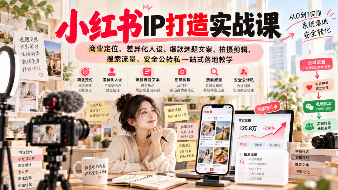 小红书ip打造实战课，商业定位、差异化人设、爆款选题文案、拍摄剪辑、搜索流量、安全公转私一站式落地教学-智享云联