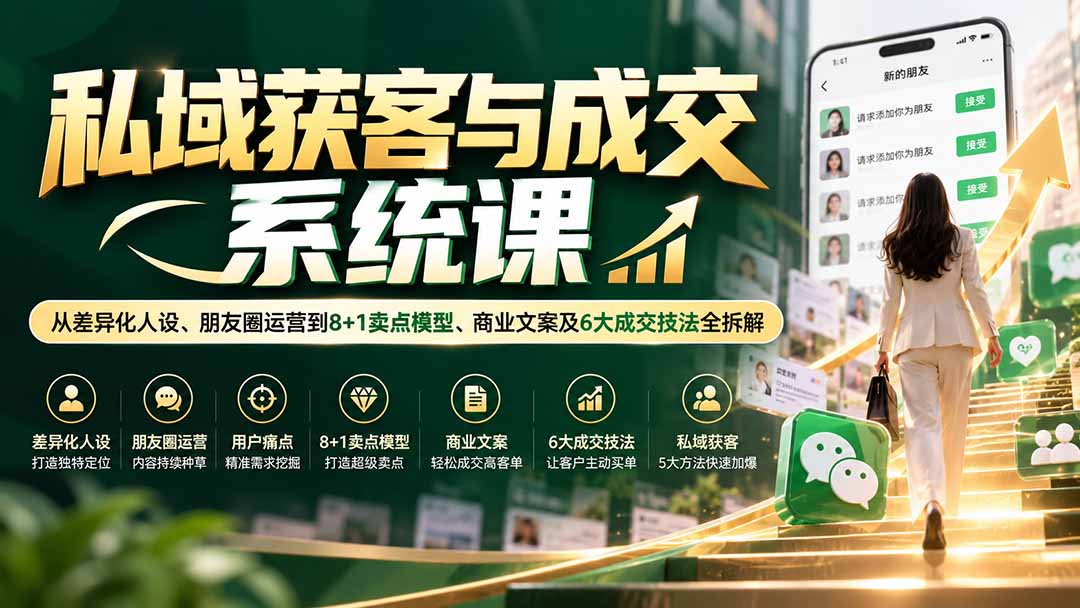 私域获客与成交系统课:从差异化人设、朋友圈运营到8+1卖点模型、商业文案及6大成交技法全拆解-智享云联