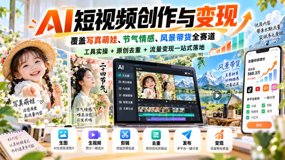 AI短视频创作与变现，覆盖写真萌娃、节气情感、风景带货全赛道，工具实操+原创去重+流量变现一站式落地-智享云联