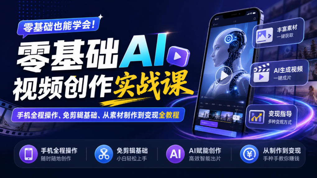 零基础AI视频创作实战课|手机全程操作、免剪辑基础、从素材制作到变现全教程-智享云联