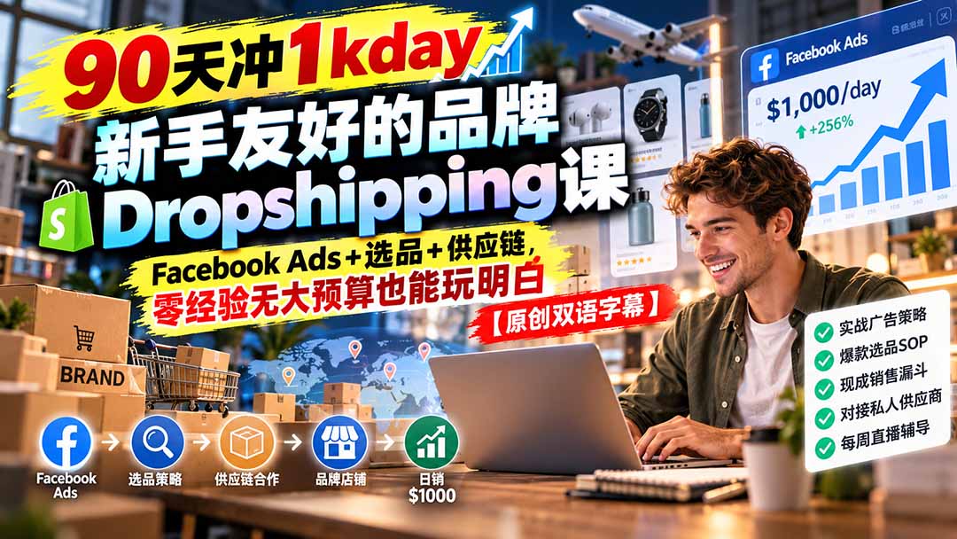 90天冲1kday 新手友好的品牌Dropshipping课：Facebook Ads+选品+供应链，零经验无大预算也能玩明白【原创双语字幕】-智享云联