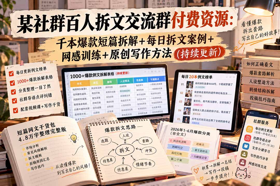 某社群百人拆文交流群付费资源-更新0929:千本爆款短篇拆解+每日拆文案例+网感训练+原创写作方法-智享云联