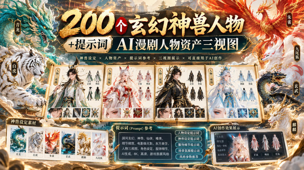 200个玄幻神兽人物+提示词ai漫剧人物资产三视图-智享云联