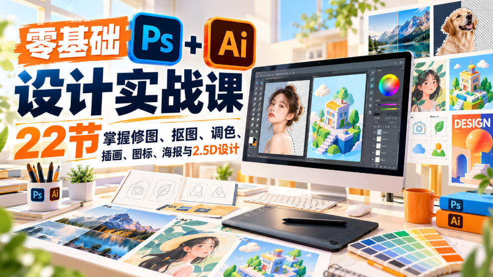 【无水印】零基础PS+AI设计实战课|22节掌握修图、抠图、调色、插画、图标、海报与2.5D设计-智享云联