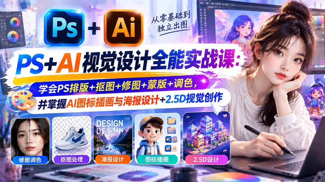 【无水印】PS+AI视觉设计全能实战课：学会PS排版+抠图+修图+蒙版+调色，并掌握AI图标插画与海报设计+2.5D视觉创作-智享云联