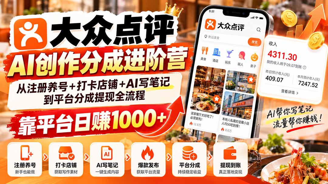 大众点评AI创作分成进阶营:从注册养号+打卡店铺+AI写笔记到平台分成提现全流程,靠平台日赚1000+-智享云联