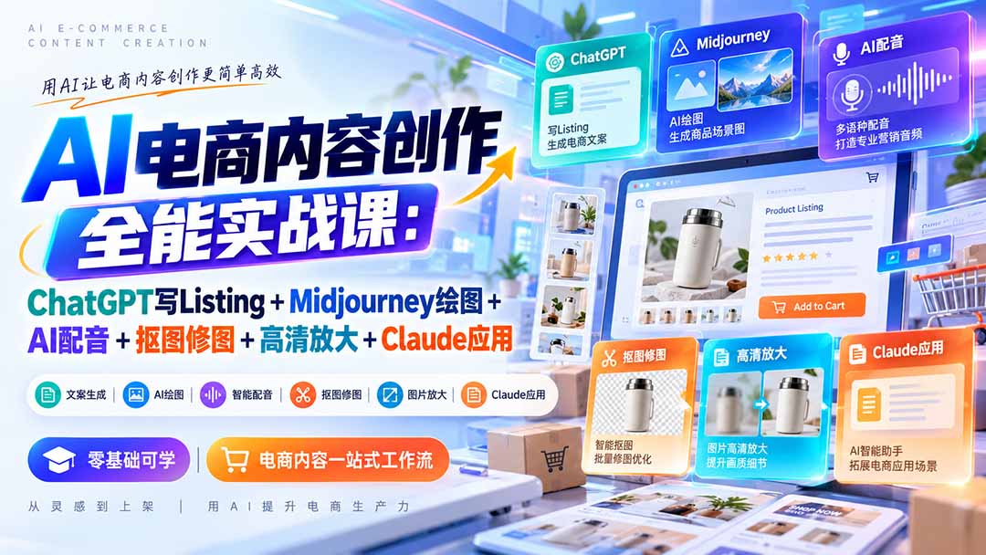 【无水印】AI电商内容创作全能实战课：ChatGPT写Listing+Midjourney绘图+AI配音+抠图修图+高清放大+Claude应用-智享云联