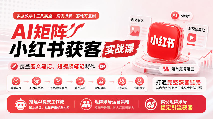 AI矩阵小红书获客实战课，覆盖图文笔记、短视频笔记制作，打通完整获客链路，搭建AI提效工作流，实现矩阵账号稳定引流获客-智享云联