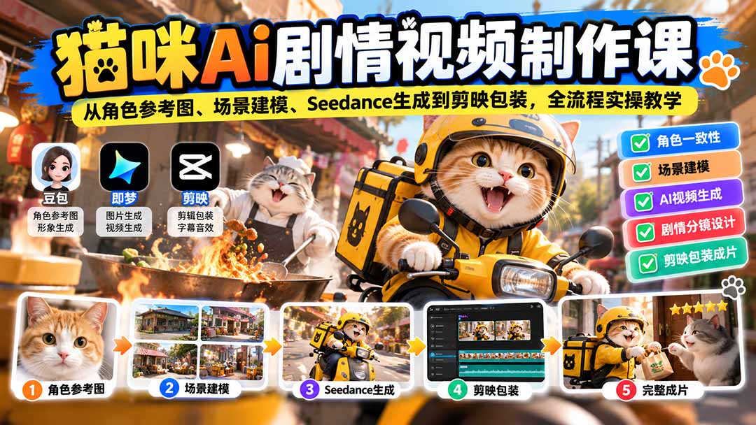 猫咪AI剧情视频制作课：从角色参考图、场景建模、Seedance生成到剪映包装，全流程实操教学-智享云联