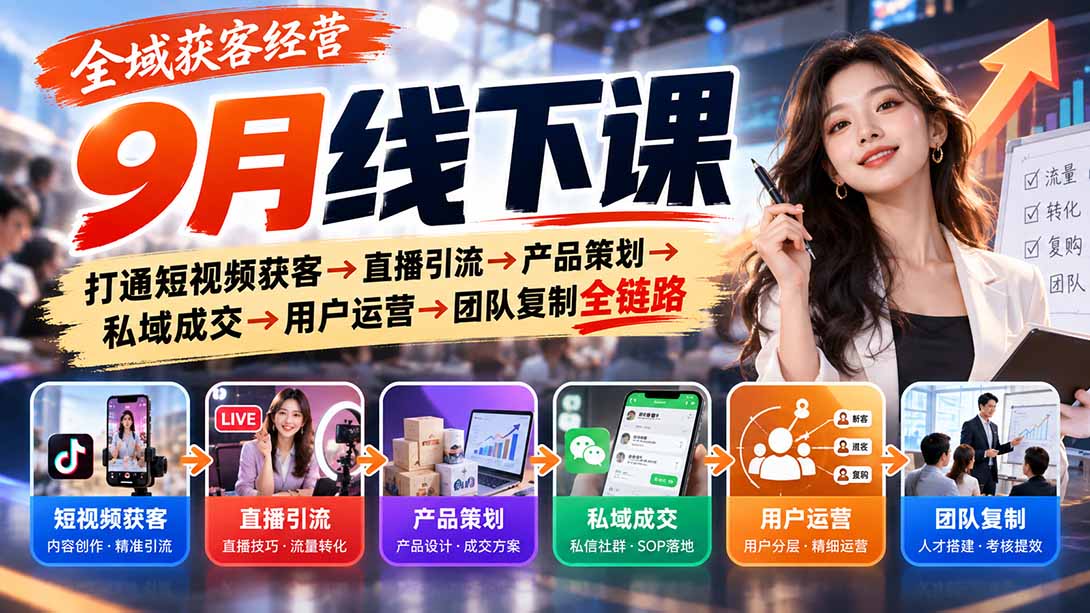 全域获客经营9月线下课：打通短视频获客→直播引流→产品策划→私域成交→用户运营→团队复制全链路-智享云联