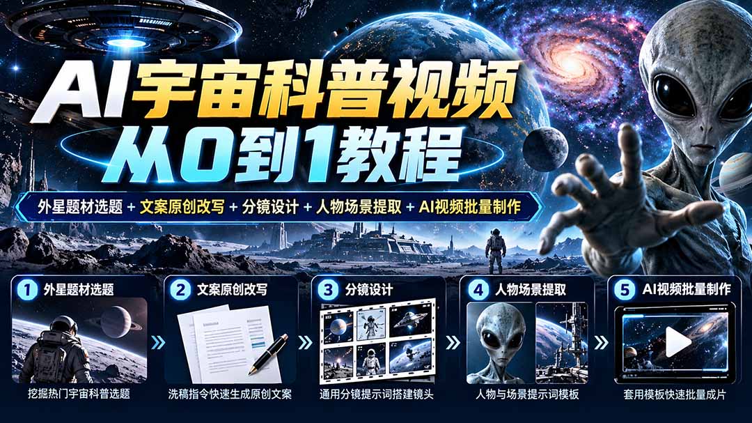 AI宇宙科普视频从0到1教程｜外星题材选题+文案原创改写+分镜设计+人物场景提取+AI视频批量制作-智享云联