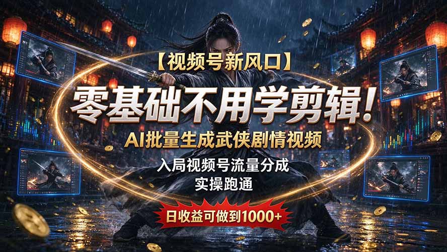 【视频号新风口】零基础不用学剪辑！AI 批量生成武侠剧情视频，入局视频号流量分成，实操跑通，日收益可做到 1000+-智享云联